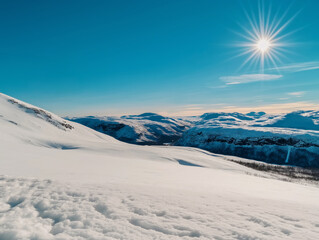 Obraz premium Bright winter morning with snowy mountains and blue skies