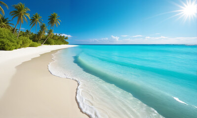   A serene tropical beach scene featuring pristine white sand, towering palm trees, crystal-clear turquoise waters, a radiant blue sky, and a bright sun.