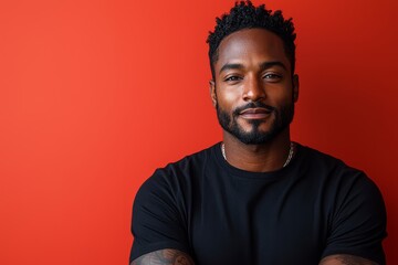 Fototapeta premium Young and handsome, the man stands with a relaxed demeanor in front of a striking red background