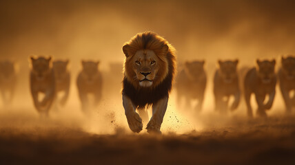 A formidable male lion leads an expansive group of lions through the sunlit savannah, showcasing strength, solidarity, and the primal beauty of the untamed wilderness.