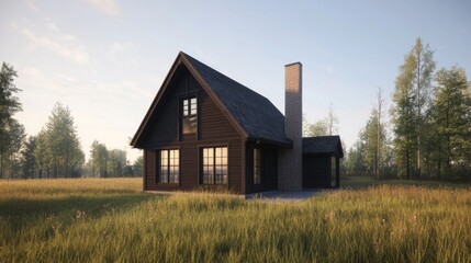 Obraz premium Modern black cabin in a field.