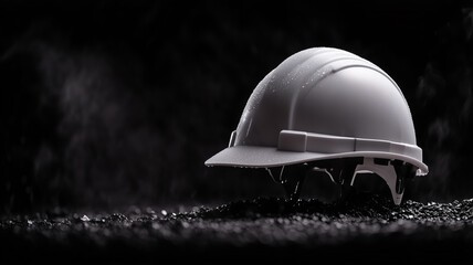 A hard hat, wet from rain, sits on a reflective surface outdoors. The hard hat has a logo on it, suggesting a company or organization. 
