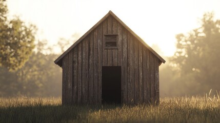 Obraz premium Rustic wooden barn in a sunlit field.