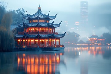 Obraz premium Stunning Asian Pagoda on a Misty Lake at Dawn