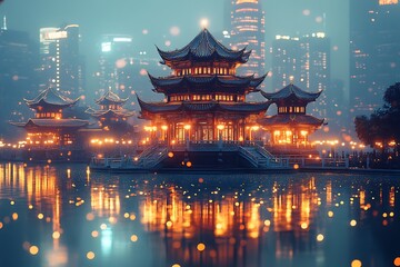 Fototapeta premium A Stunning Chinese Pagoda at Dusk Reflecting on Water
