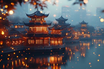 Fototapeta premium Luminous Chinese Pagodas Reflecting on a Misty Night
