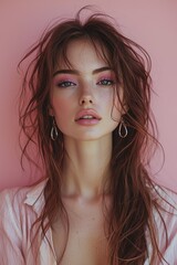 Naklejka premium Close-up of a young, beautiful woman with vibrant pink and fuchsia eyeshadow, pristine skin, and wearing elegant golden earrings and a pink blouse, embodying the spring and summer fashion trend