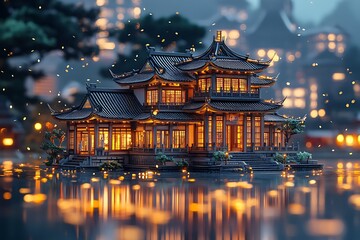 Fototapeta premium Enchanted Chinese Pavilion at Dusk Reflecting on Water