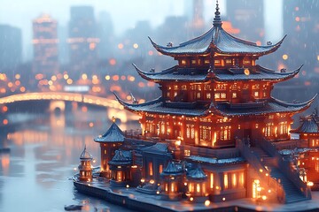 Obraz premium A breathtaking illuminated Chinese temple on a rainy night.