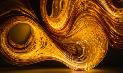   An intricate sculpture made of amber, casting unique light patterns and textures, a blend of...