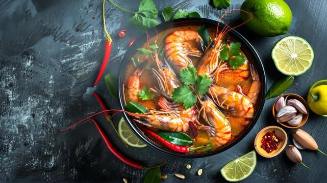 Delicious shrimp soup with fresh herbs, lime, and spices in vibrant bowl, featuring garlic and chili for seafood lovers seeking warmth and flavor.