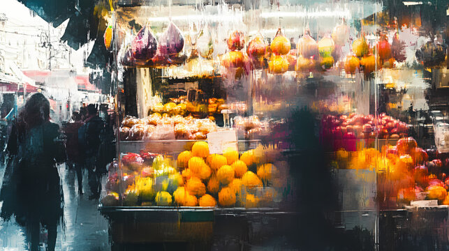 Dynamic, urban street photography capturing the vibrant energy of a bustling market, candid, visual dynamism. Vibrant Street Market. Illustration