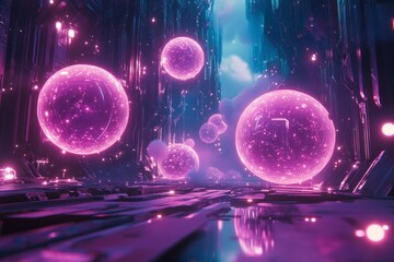 Futuristic Cityscape With Glowing Purple Orbs Floating