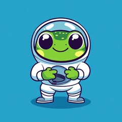 Obraz premium Cute frog astronaut in space, holding helmet, blue background; children's book illustration