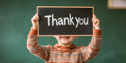 Child holds chalkboard saying 'Thank You'.  Perfect for gratitude, appreciation, or teacher themes.