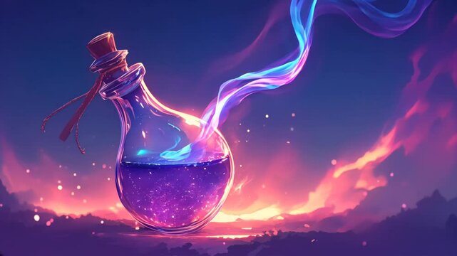 A glowing magical potion bottle releasing vibrant smoke, set against a mystical, fiery background. The mystical energy emanating from the bottle hints at enchantment and alchemy.