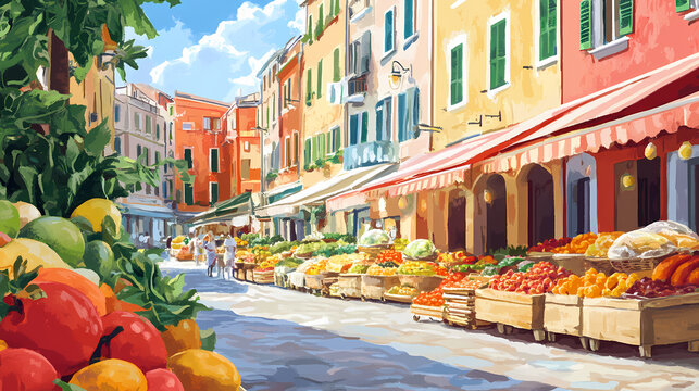 Fototapeta Vibrant italian market street. Vibrant Street Market. Illustration