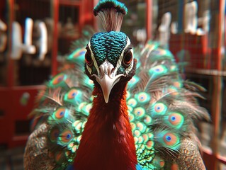 Radiant Rainbow-Colored Peacock in Full Glory - obrazy, fototapety, plakaty