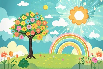 Bright spring landscape featuring colorful tree blossoms, arching rainbow, fluffy white clouds under blue skies