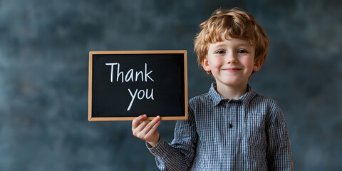 Young boy holding a chalkboard with 'Thank You' written on it.  A heartwarming image expressing gratitude.