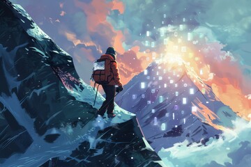 Fototapeta premium Adventurous journey of a hiker leaving a mystical digital trail on snowy mountain