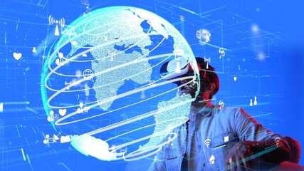 Excited man looking global connection hologram by using VR glasses. Skilled investor checking and looking at global communication and networking network connection holographic. Technology. Apparatus.
