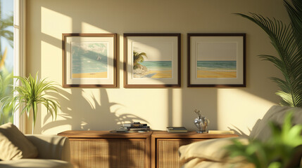 Bright coastal themed living space with tropical artwork and plants