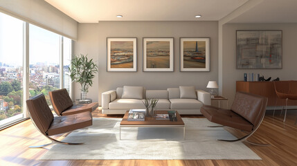 Sophisticated living room with cityscape art and modern furniture