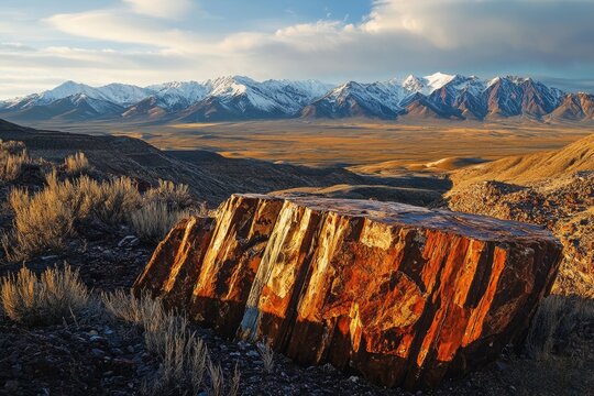 Petrified wood in the foreground, snow-capped mountains and vast desert landscape under a cloudy sky.