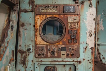 Rusty, weathered control panel of an abandoned machine, showing age and decay.