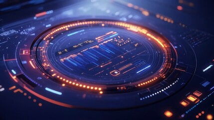 Futuristic HUD interface with glowing data graphs and circular display.