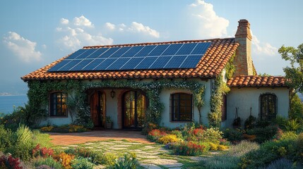Obraz premium Solar panels installed on a tiled roof, showcasing clean energy solutions for sustainable living