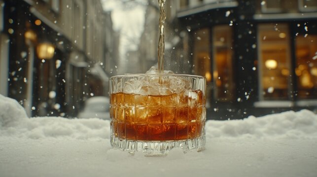 Snowy street; whiskey poured, winter drink - Powered by Adobe