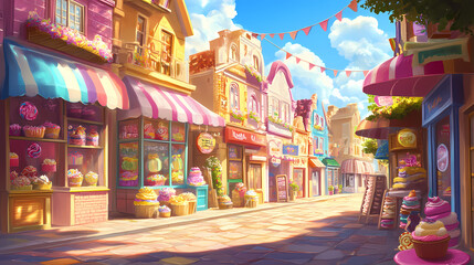 A whimsical candy-themed street with vibrant colors, sweet treats, and cute shops, perfect for fantasy and children's imagery. Vibrant Street Market. Illustration