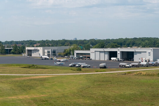 Richmond International Airport, Sandston, Virginia, USA - August 25, 2023 - Aerial view of the Richmond Jet Center at RIC - Government shuffle flights