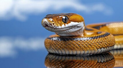 Fototapeta premium Stunning Close-Up of a Golden Child Python Against a Blue Sky