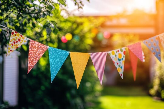 Brightly colored bunting flags and cheerful party streamers hang between trees in a sunlit backyard, setting a joyful mood for a summer gathering with friends and family