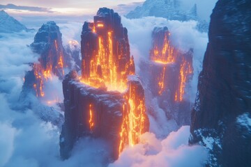 Fototapeta premium Fiery Lava Flows Down Snow Capped Volcanic Peaks