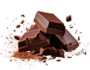 PNG format file showing a single piece of black chocolate falling downward, captured with precision, displayed on a transparent background, emphasizing dynamic motion, smooth texture, and rich dark co