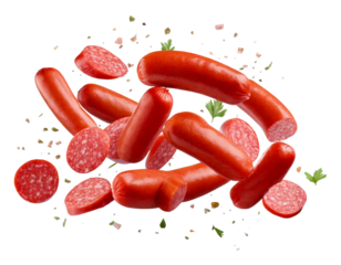 Falling sausage illustrated in mid-air, isolated on white background, with a transparent PNG format, presenting detailed textures and realistic shading, showcasing dynamic movement, ready for design u