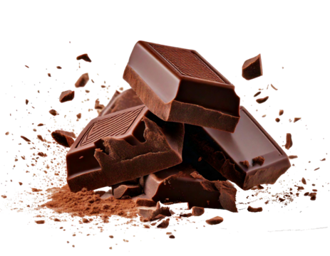 PNG format file showing a single piece of black chocolate falling downward, captured with precision, displayed on a transparent background, emphasizing dynamic motion, smooth texture, and rich dark co