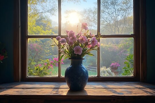 Fototapeta Pink flowers in a blue vase by a sunlit window
