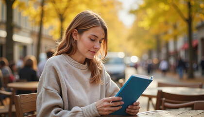 Fototapeta premium Woman reading a book in a café during autumn