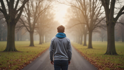 Obraz premium Man walking through a tree-lined path in foggy park