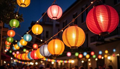 Colorful paper lanterns hanging at night