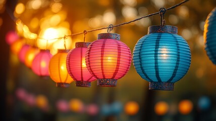 Fototapeta premium Colorful Hanging Lanterns in Evening Garden