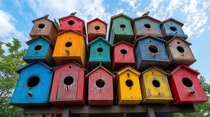 Colorful Birdhouses Piled in a Vibrant Display