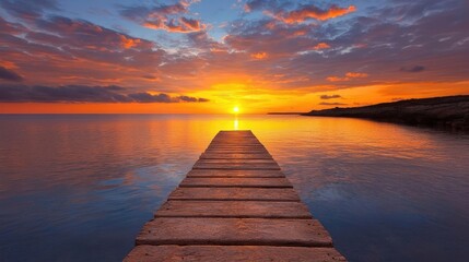Obraz premium Sunset over calm ocean, wooden pier extending towards sun, peaceful sky, travel postcard