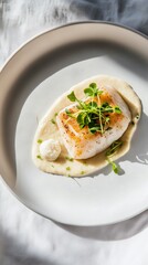 modern minimalist presentation of pure protein, styled in shades of gray and white. The plate features a single piece of steamed cod, its delicate, flaky texture highlighted by soft lighting.