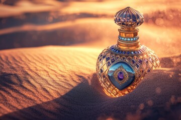 Ornate perfume bottle rests in desert sand, bathed in warm sunset light.